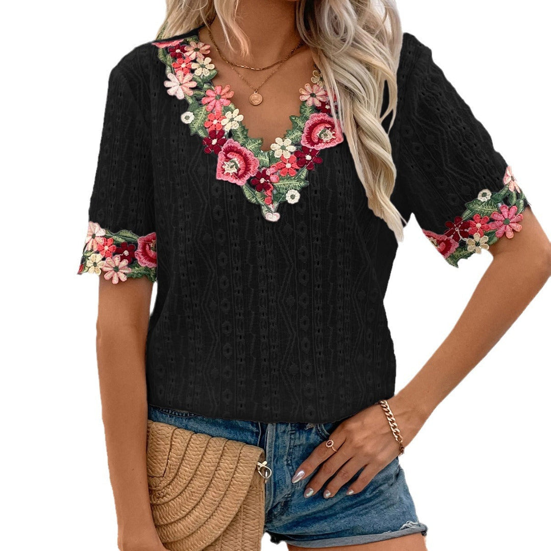 Damen Bluse mit floralen Stickereien und luftigen Ärmeln Drune