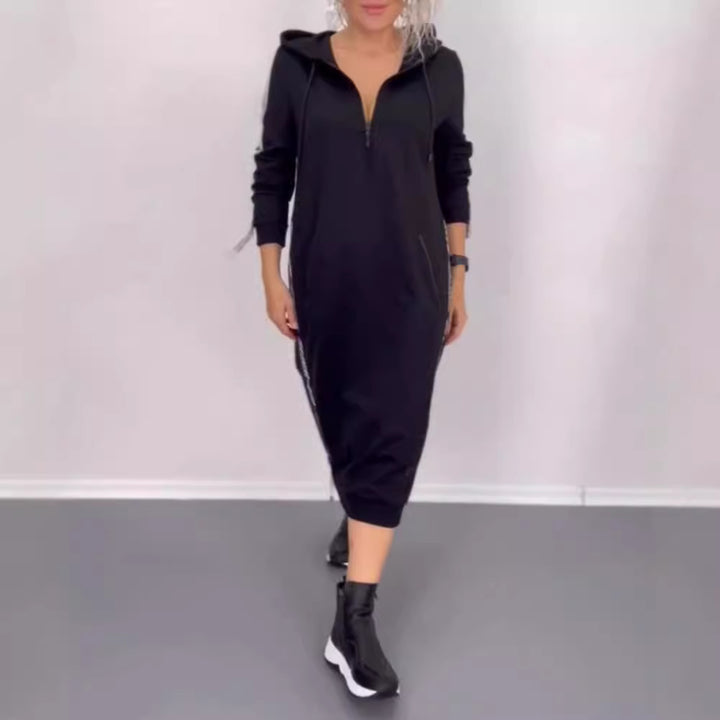 Damen nan knöchellanges Kapuzen-Sweatkleid mit Halbzip, Kängurutaschen und seitlicher Zierpaspel Drune