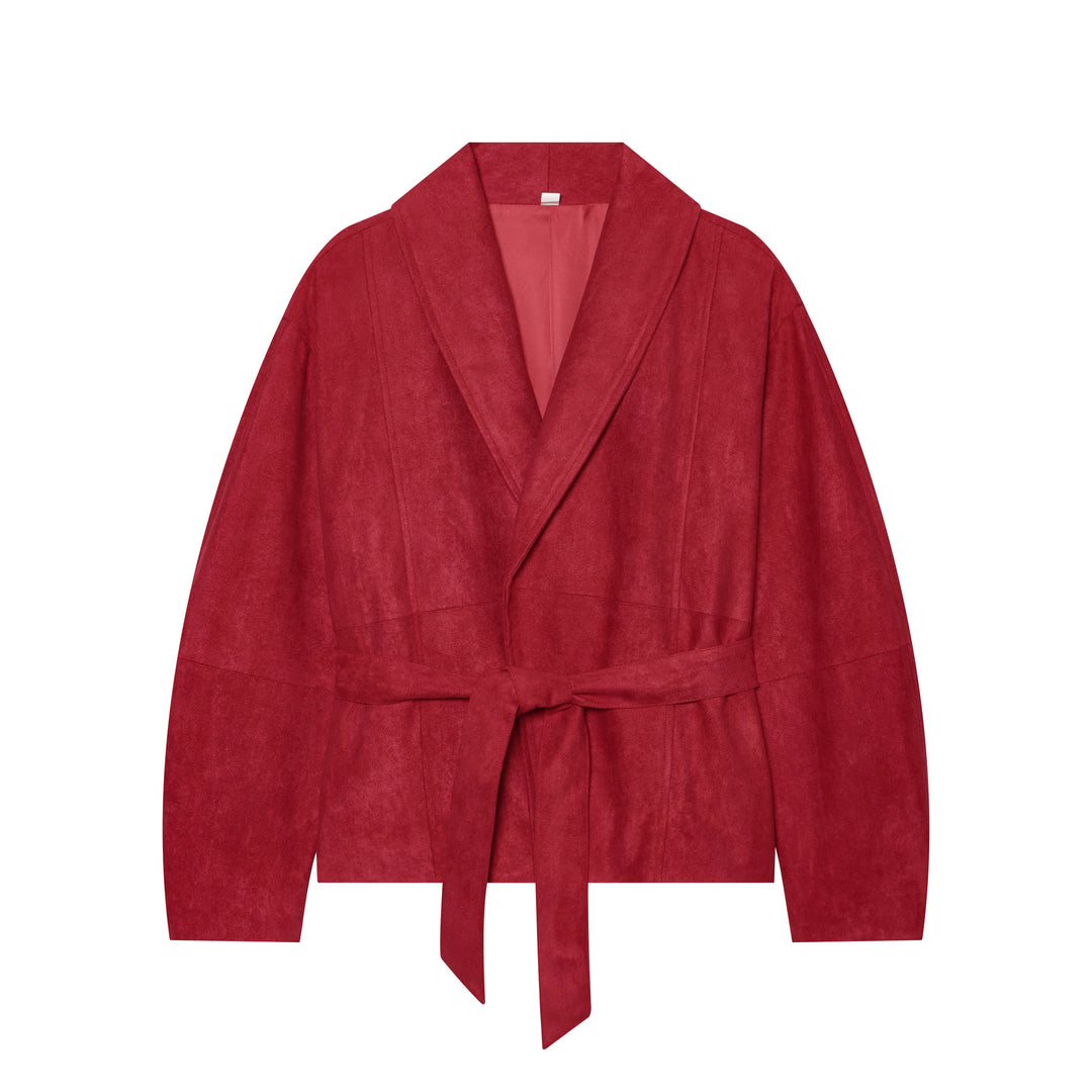 Damen Kurze Bindegürtel-Jacke aus weichem Veloursimitat mit Schalkragen Drune