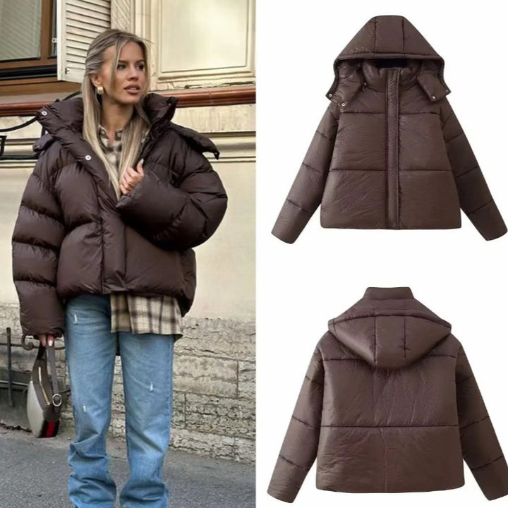 Damen 40+ kurzer gesteppter Pufferjacke mit voluminöser Kapuze und Stehkragen Drune