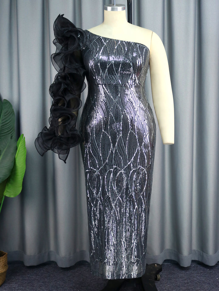 Damen Glamouröses Abendkleid mit schulterfreiem Design und voluminösen Rüschenärmel Drune