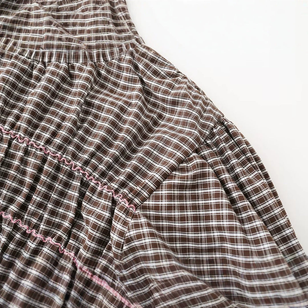 Damen Kariertes Smock-Tunika-Top mit Volantbund und Puffärmeln Drune