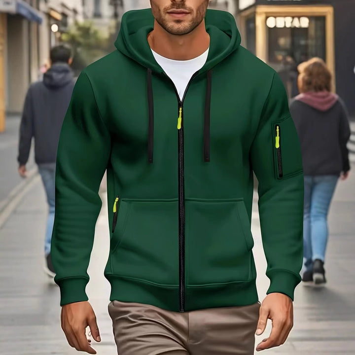 Herren nan funktionale Kapuzenjacke mit durchgehendem Reißverschluss, Ärmeltasche und elastischen Bündchen Drune
