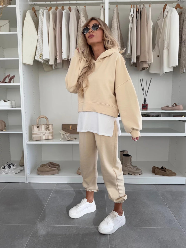 Damen Cropped-Hoodie-Lounge-Set mit asymmetrischem Saum, voluminösen Raglanärmeln und gekrempelter Jogginghose Drune