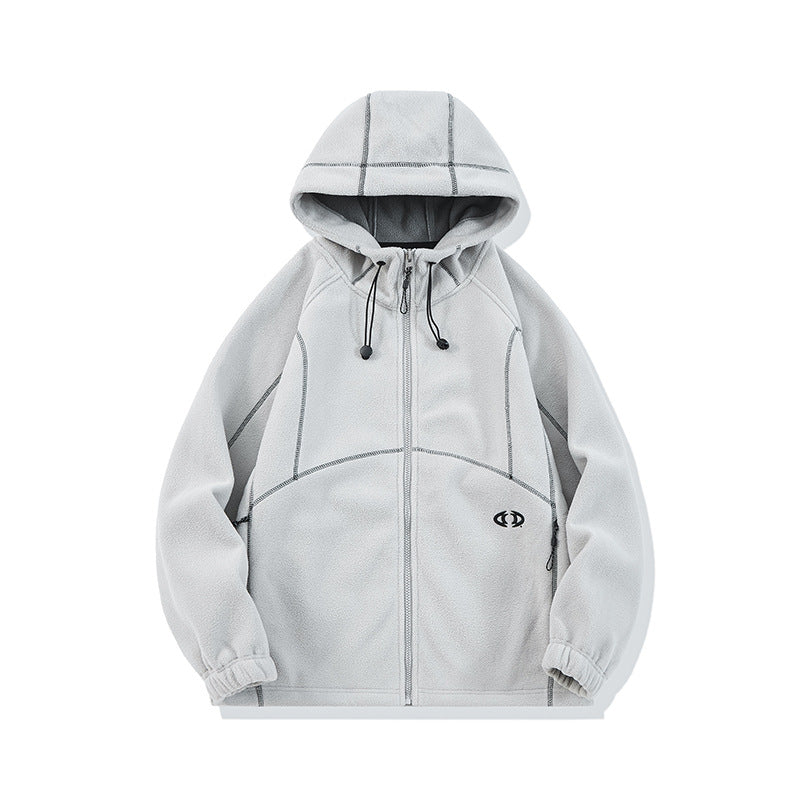 Unisex Oversize Fleece-Kapuzenjacke mit Kontrastnähten und Reißverschlusstaschen Drune
