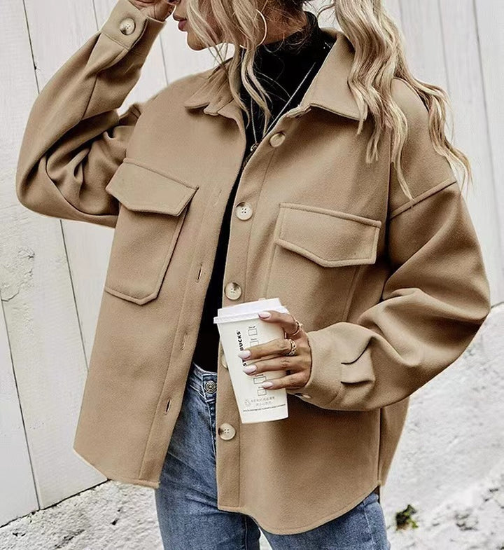 Damen Modische Oversized-Jacke mit Taschen und Knopfverschluss Drune