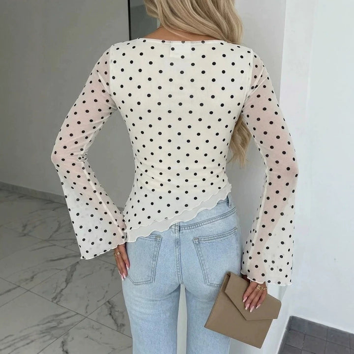 Damen Transparente Mesh-Polka‑Dot-Bluse mit taillierter Passform und Glockenärmeln Drune