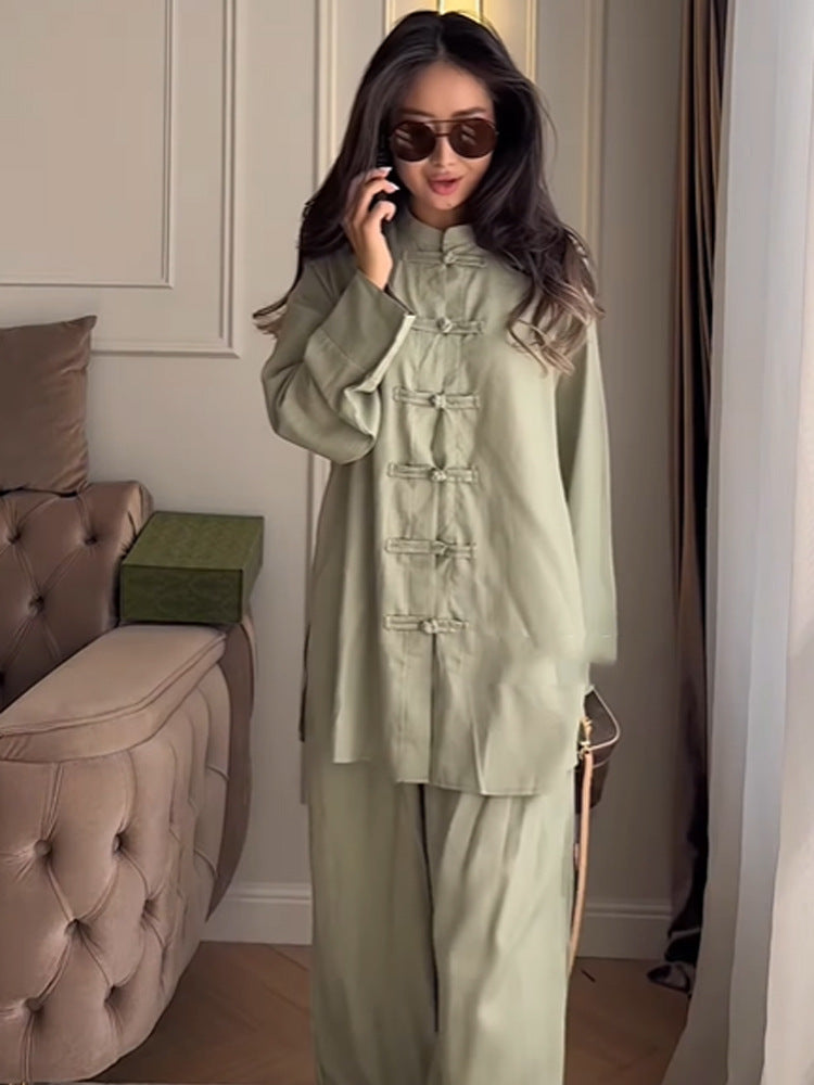 Damen Zweiteiliges Oversize Lounge‑Set mit Stehkragen und dekorativen Knotenverschlüssen Drune