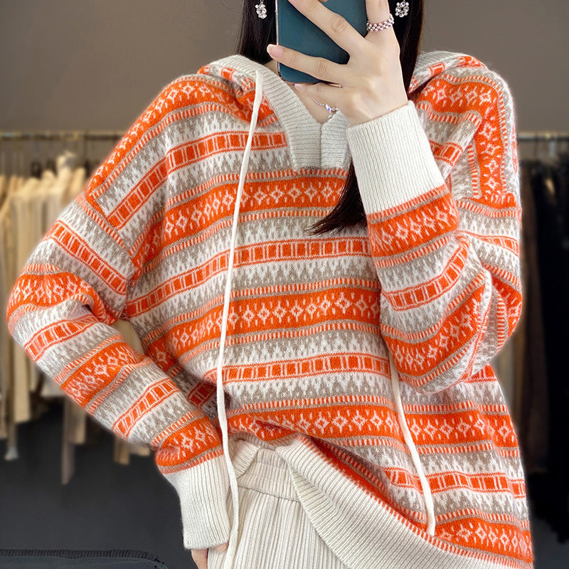 Damen Oversize Jacquard-Strickkapuzenpullover mit V‑Schlitz und gerippten Bündchen Drune