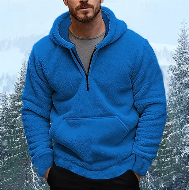 Herren sherpa fleece-hoodie mit halbem Reißverschluss, Kapuze und großer Kängurutasche Drune
