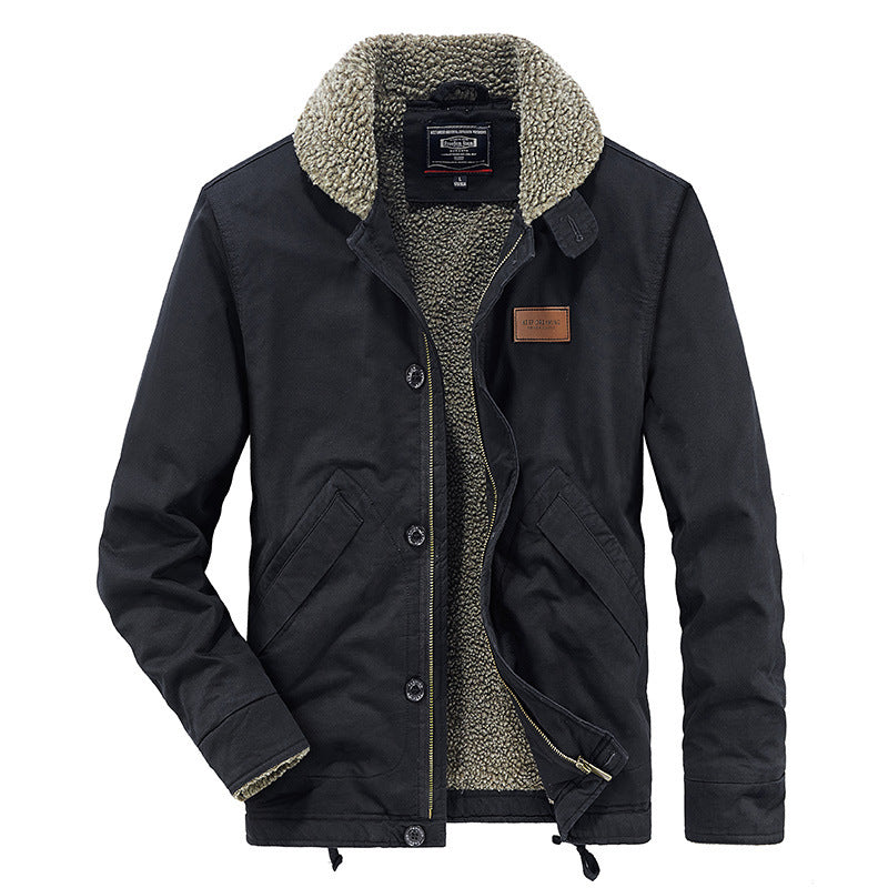 Herren Canvas-Workerjacke mit durchgehendem Teddyfutter, Stehkragen und Kordelzug Drune