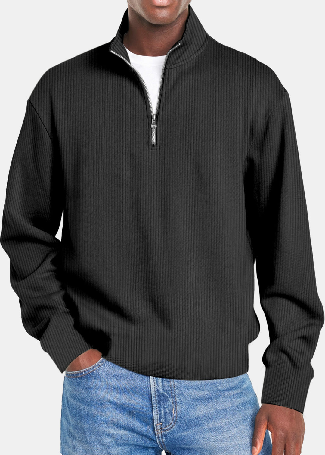 Herren nan gerippter Troyer-Pullover mit Halbzip und Stehkragen Drune