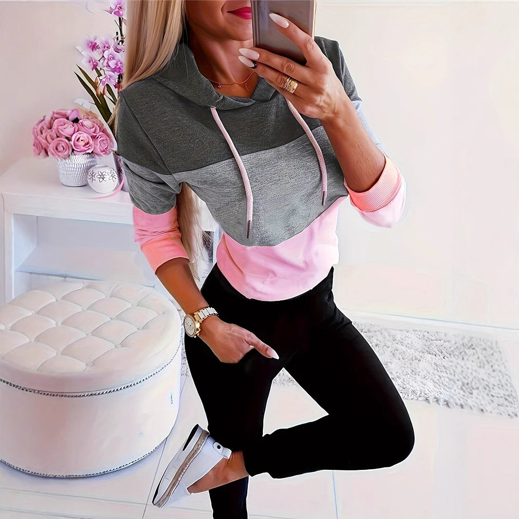 Damen modischer Freizeitpullover mit Kapuze und Farbblockdesign Drune