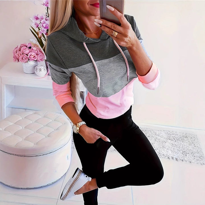 Damen modischer Freizeitpullover mit Kapuze und Farbblockdesign Drune