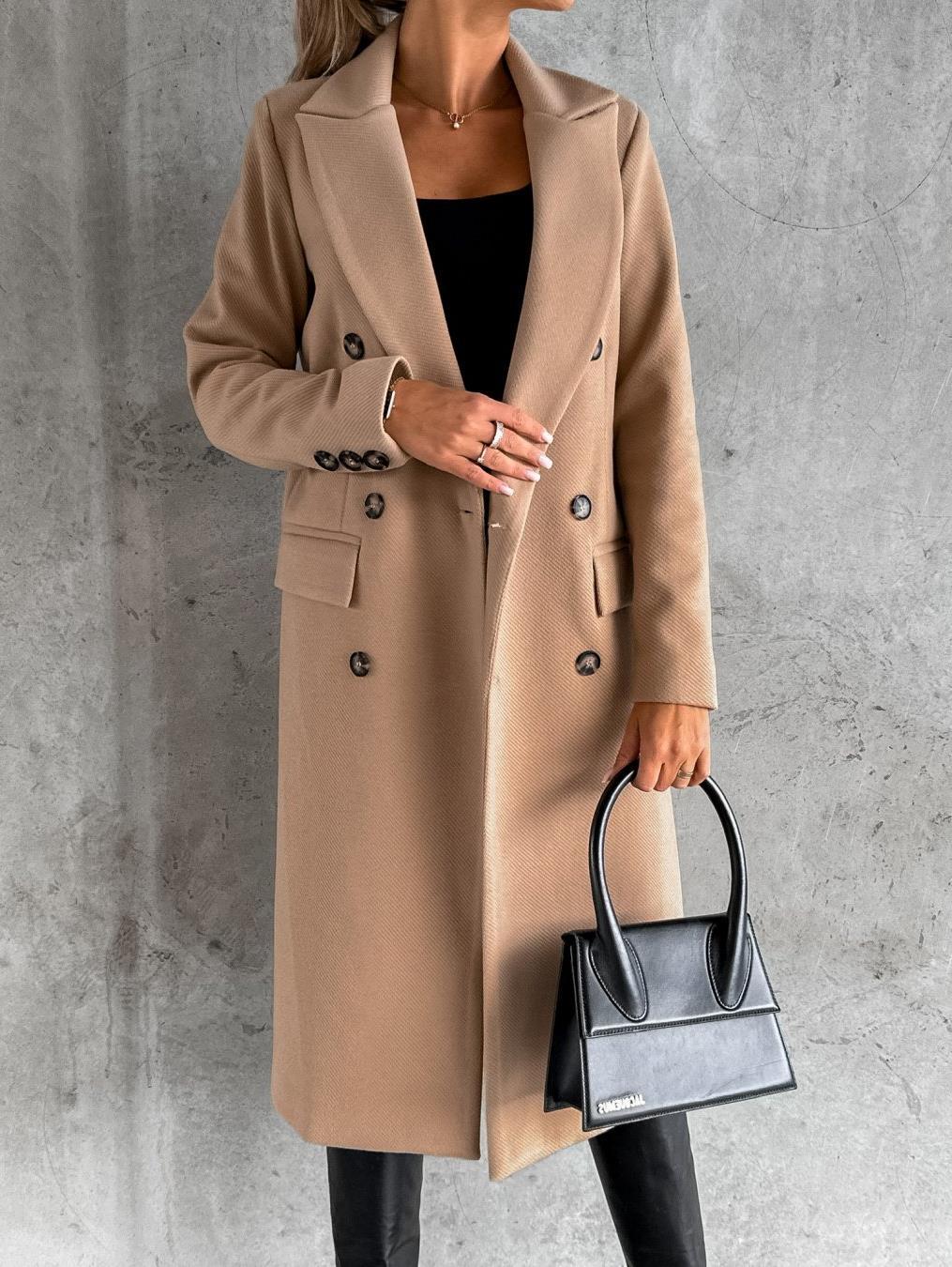 Damen Eleganter Doppelreiher-Mantel mit strukturiertem Stoff und taillierbarem Gürtel Drune