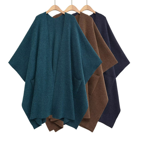 Damen Oversize Strickponcho mit Eingrifftaschen und asymmetrischem Saum Drune