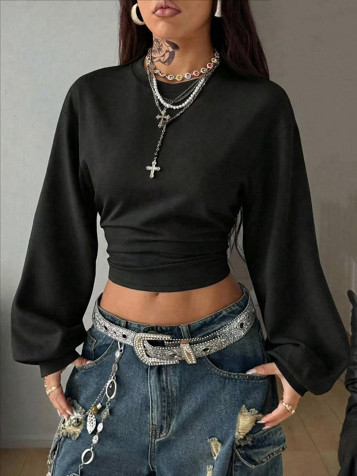 Damen Cropped Sweatshirt mit Taillenraffung und weiten Raglanärmeln Drune