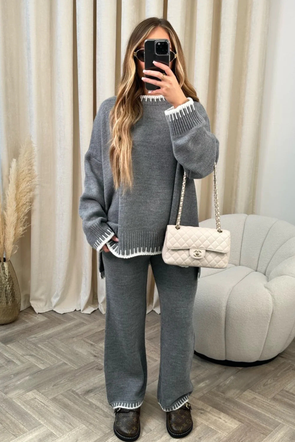 Damen nan lässiger Strick-Hausanzug mit Oversize-Pullover und weiter Strickhose Drune