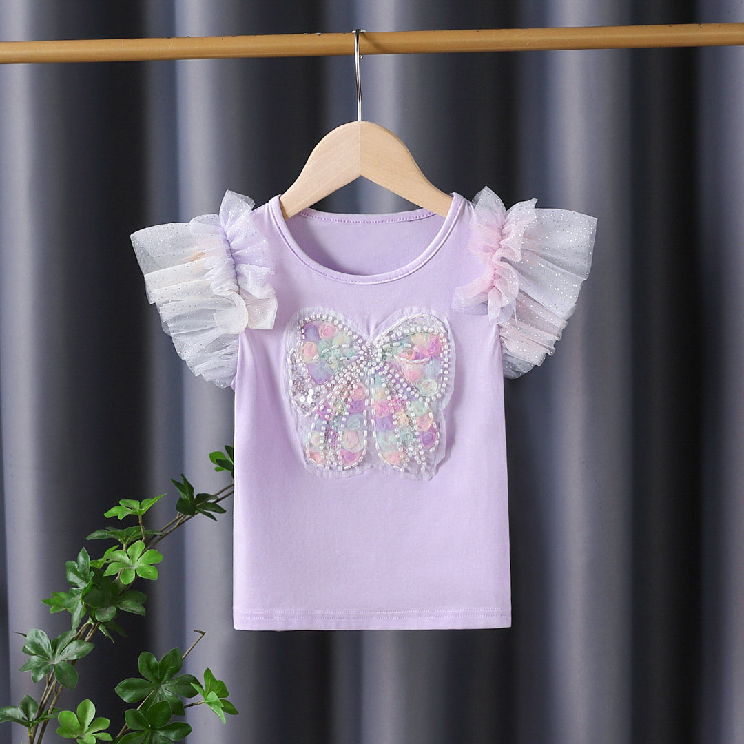 Mädchen T-Shirt mit funkelndem Schmetterlingsmotiv und Rüschendetails Drune