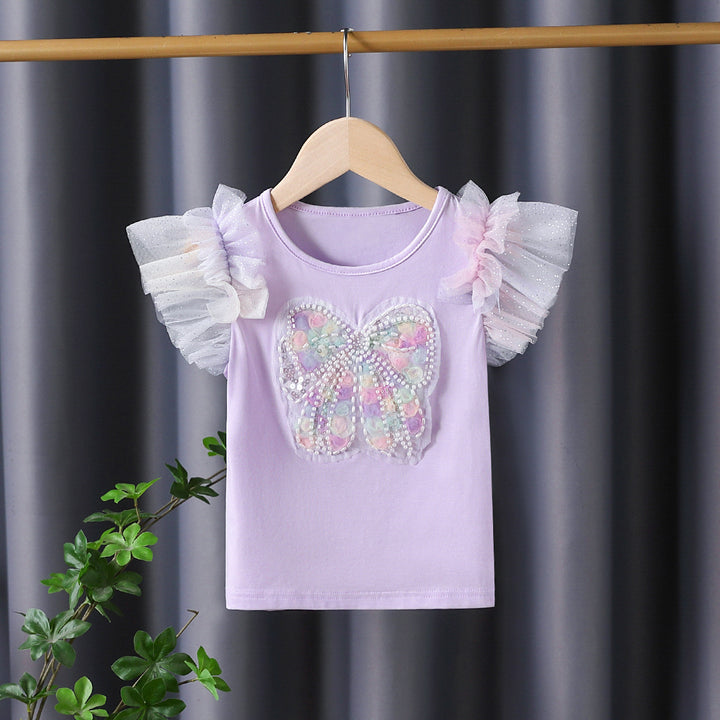 Mädchen T-Shirt mit funkelndem Schmetterlingsmotiv und Rüschendetails Drune