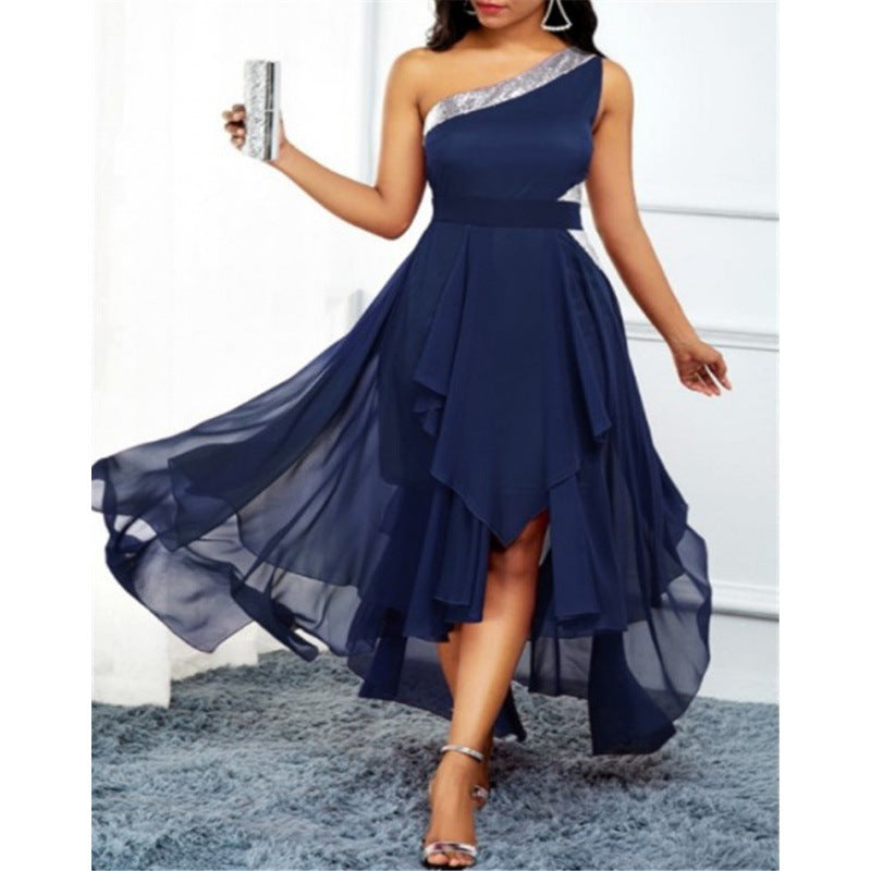 Damen elegantes asymmetrisches Chiffonkleid mit funkelndem Detail Drune