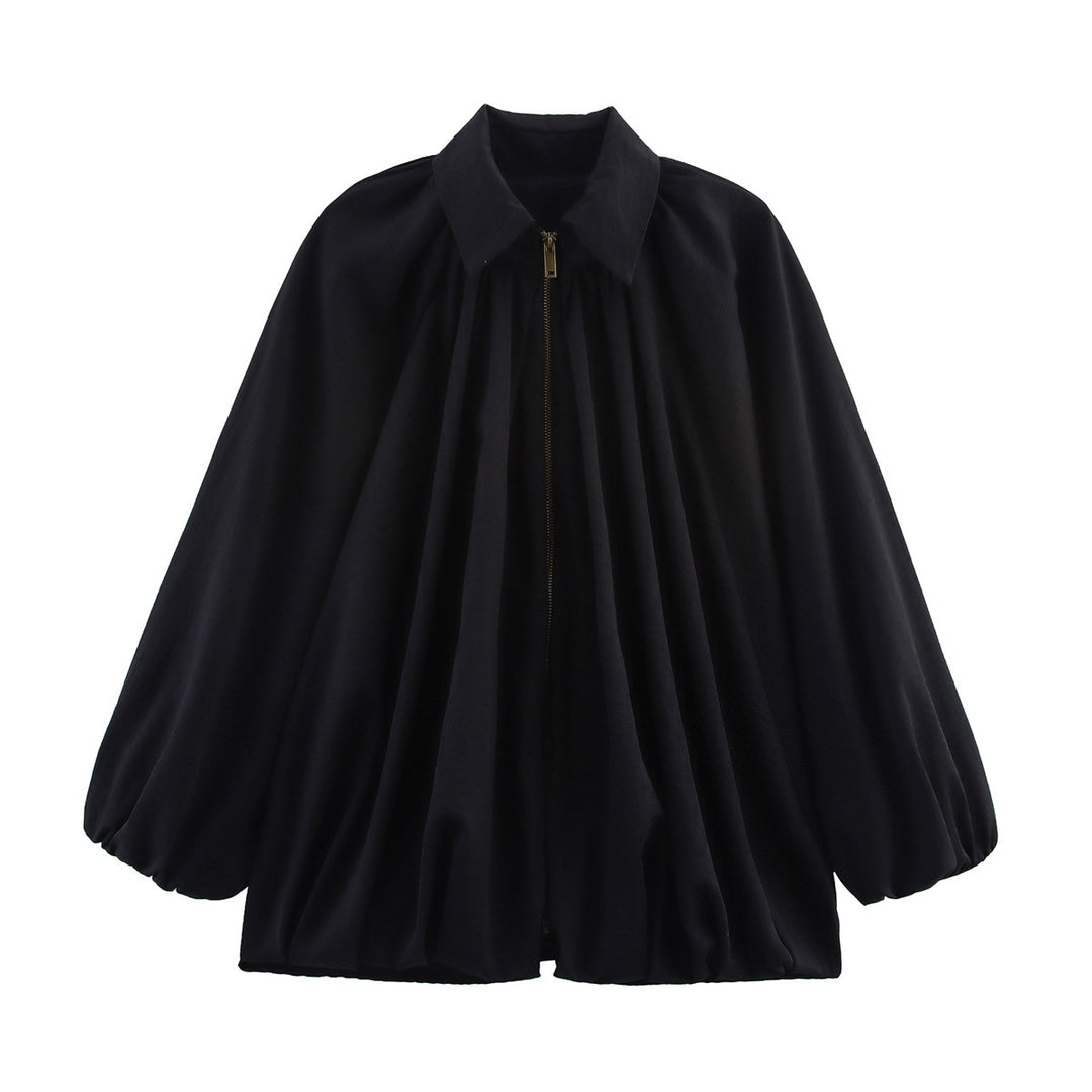 Damen nan oversize geraffte Bluse mit Ballonärmeln und Frontreißverschluss Drune