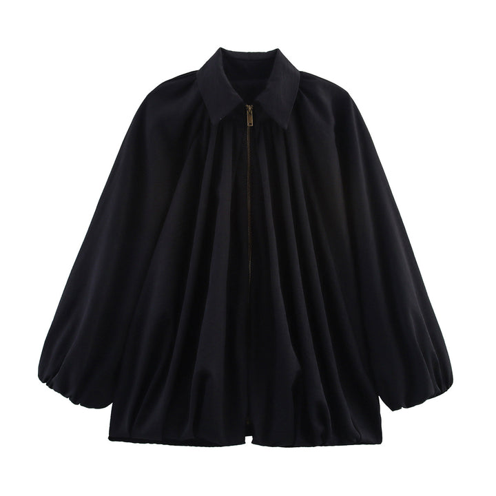 Damen nan oversize geraffte Bluse mit Ballonärmeln und Frontreißverschluss Drune