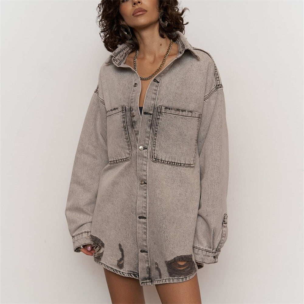 Damen Modische Jeanshemdjacke mit distressed Details Drune