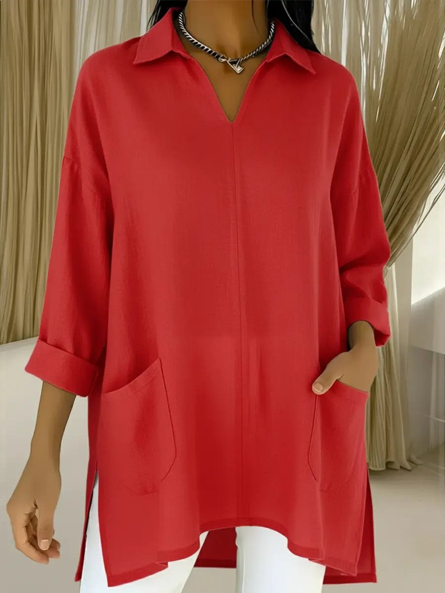 Damen Oversize-Tunika mit Hemdkragen, V-Ausschnitt und aufgesetzten Taschen Drune