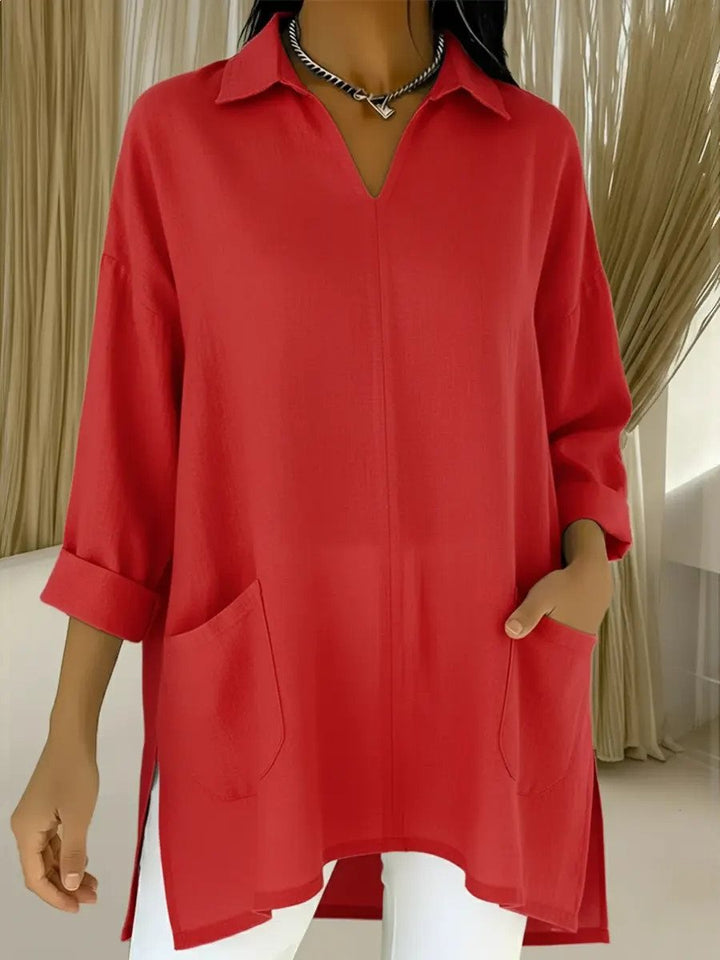Damen Oversize-Tunika mit Hemdkragen, V-Ausschnitt und aufgesetzten Taschen Drune