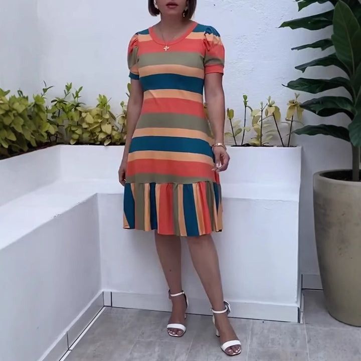 Damen nan gestreiftes Jerseykleid A-Linienschnitt mit kurzem Puffärmel und Volantstufe Drune