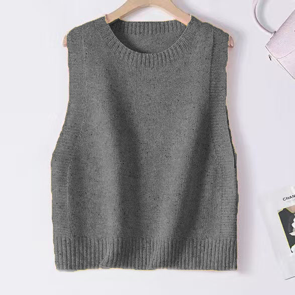 Damen Gestrickte Oversize-Ärmellose Weste mit Rundhalsausschnitt und Rippbündchen Drune