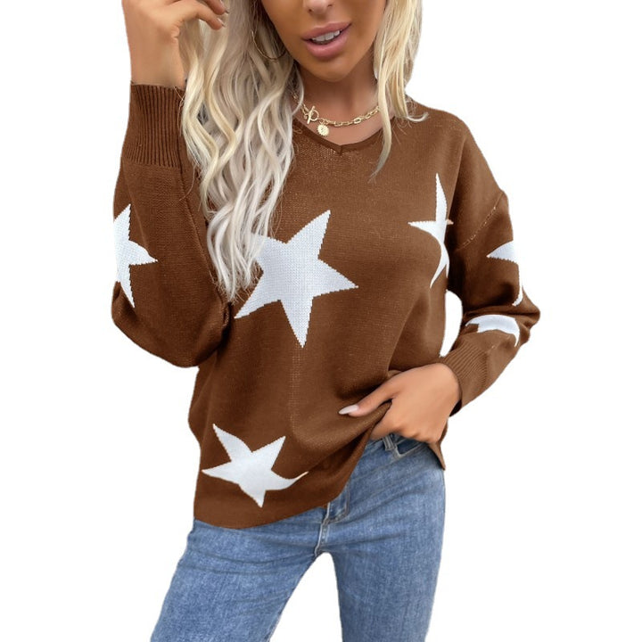 Damen Oversize V‑Ausschnitt Strickpullover mit großem Sternen‑Jacquard Drune