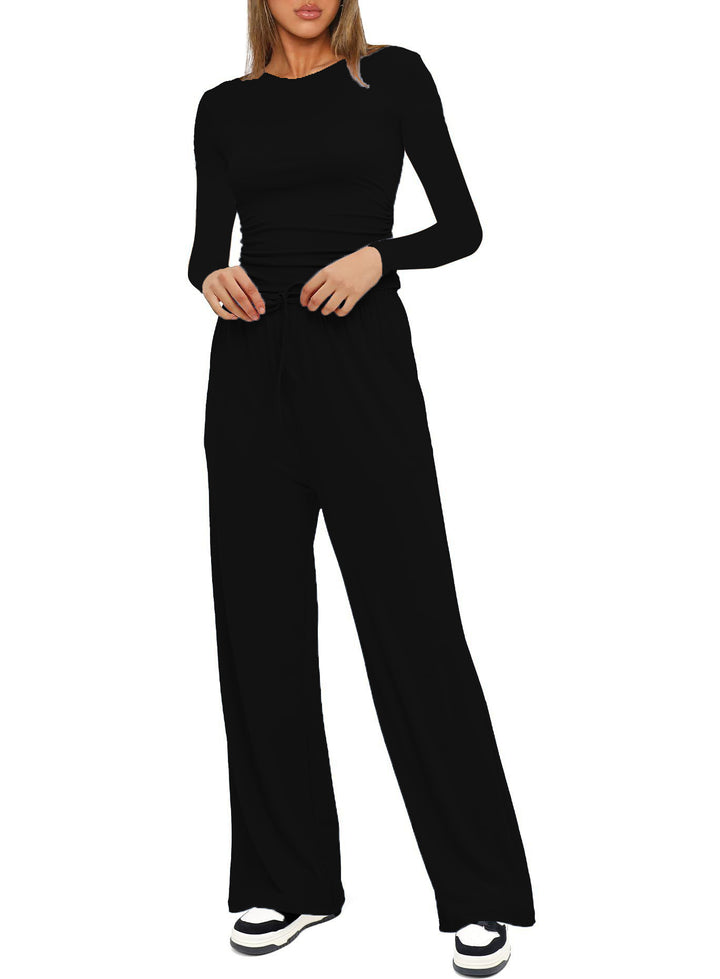 Damen Figurbetontes Longsleeve mit seitlicher Raffung und High-Waist Palazzo-Jogginghose Set Drune