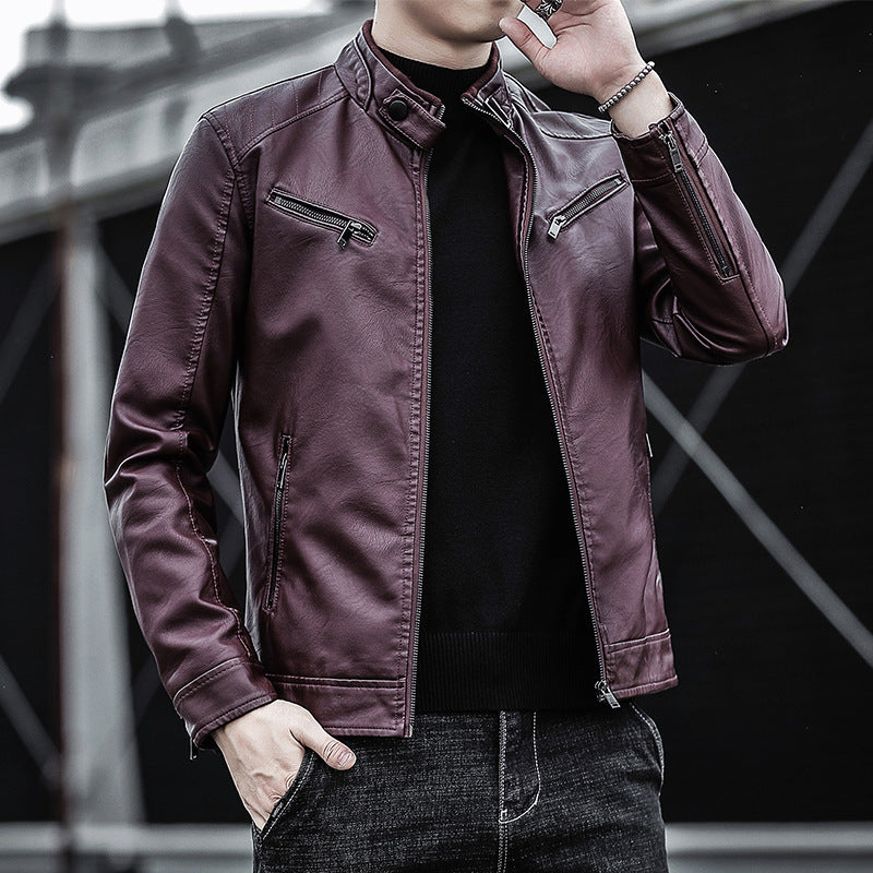 Herren Kunstleder-Motojacke im Aviator‑Stil mit Stehkragen und funktionalen Reißverschlüssen Drune