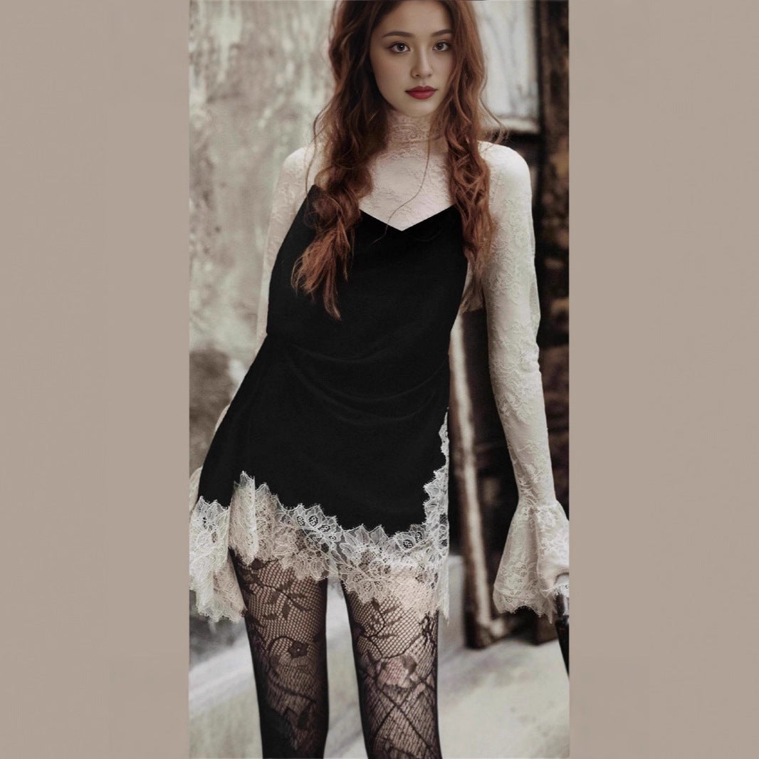 Damen elegantes Spitzen- und Seidenkleid Drune