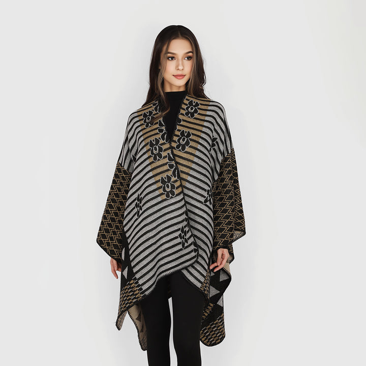 Damen Vielseitiger Strickponcho im Patchwork-Jacquard mit V-Ausschnitt und asymmetrischem Zipfelsaum Drune