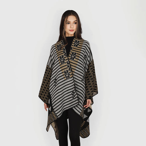 Damen Vielseitiger Strickponcho im Patchwork-Jacquard mit V-Ausschnitt und asymmetrischem Zipfelsaum Drune