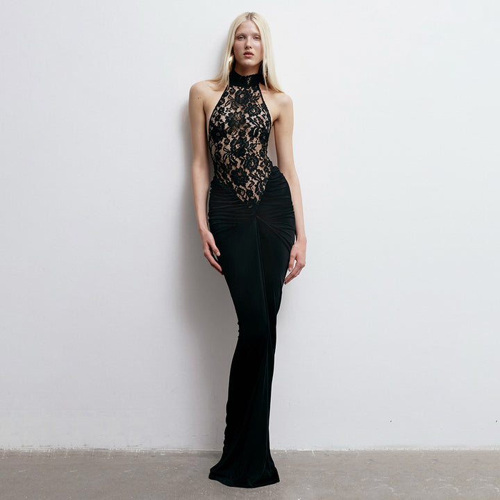Damen Elegantes Spitzenkleid mit hohem Kragen und figurbetonendem Schnitt Drune