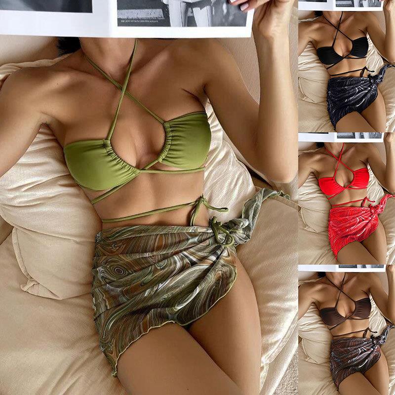 Damen Bandeau-Bikini mit verstellbaren Bändern und transparentem Wickelrock Drune