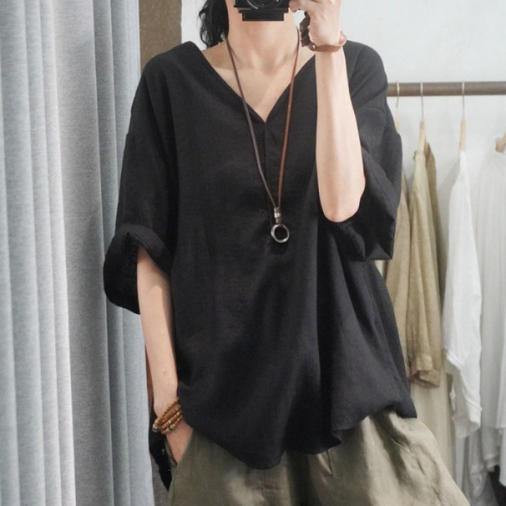 Damen Oversized Leinen-T-Shirt mit V-Ausschnitt und lässigem Schnitt Drune