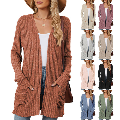 Damen lässige Strickjacke mit Rippstruktur und praktischen Taschen Drune