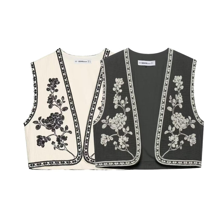 Damen nan leichte bestickte Baumwoll-Weste im Boho-Stil mit V-Ausschnitt und dekorativer Kantenverzierung Drune