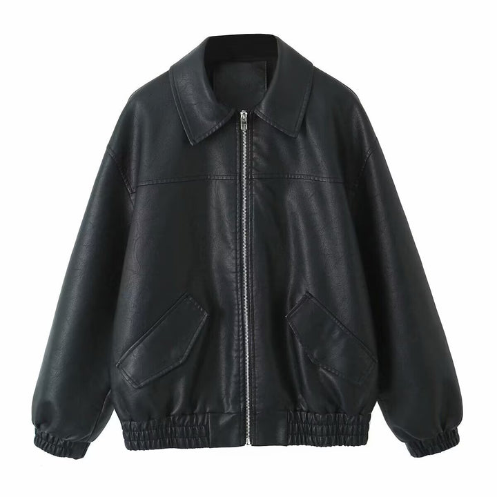 Damen nan oversized Kunstleder-Bomberjacke mit Hemdkragen elastischem Saum und aufgesetzten Pattentaschen Drune