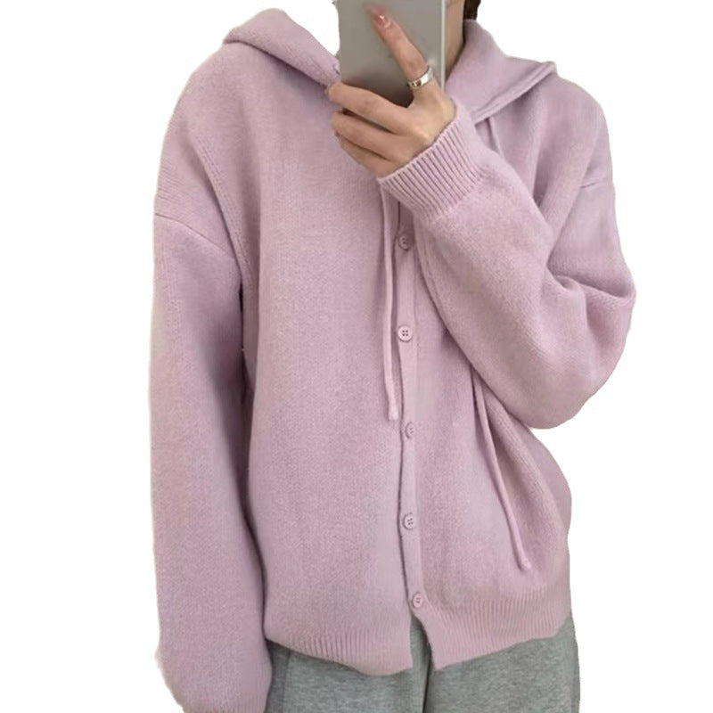 Damen Strickjacke mit Kapuze und Knopfverschluss Drune