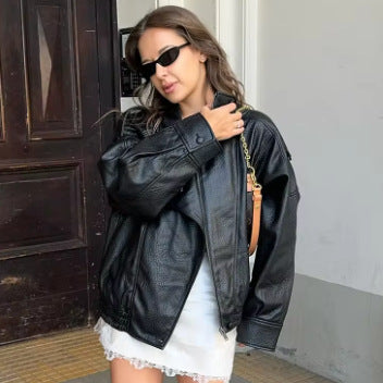 Unisex nan weite Bikerstil Kunstlederjacke mit Stehkragen und elastischem Saum Drune