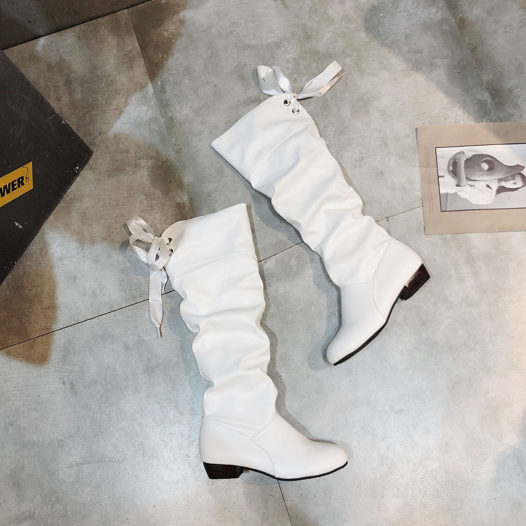 Damen Schaftstiefel kniehoch mit gerafftem Schaft, Bandkordel und niedrigem Blockabsatz Drune