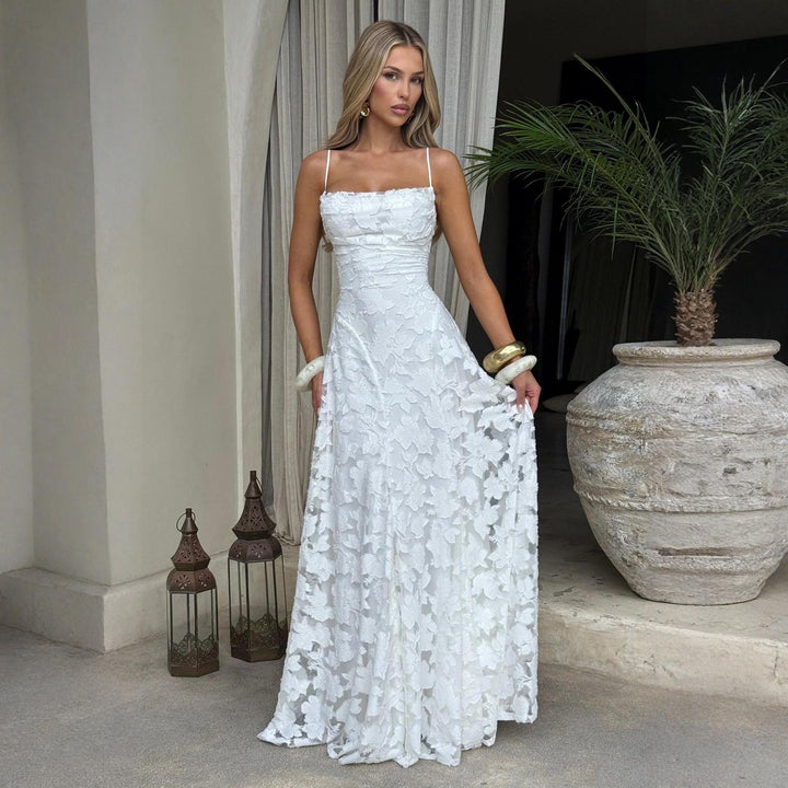 Damen Maxikleid mit floralem Spitzenmuster und schwingendem Rock Drune