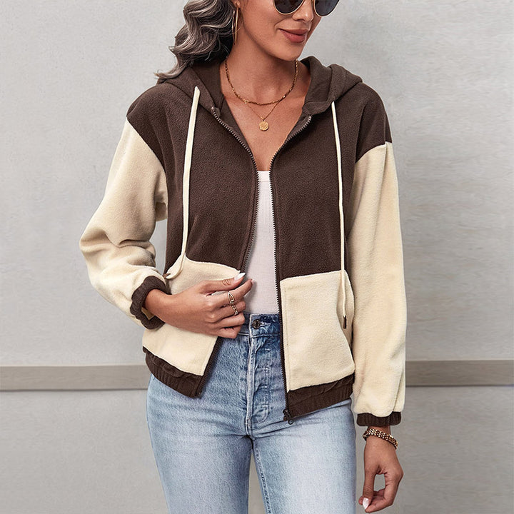 Damen Colorblock-Fleecejacke mit Kapuze, Reißverschluss und Kängurutaschen Drune