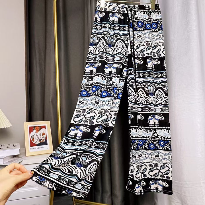 Damen Lässige Palazzo-Hose mit Elefantenmuster und elastischem Bund Drune
